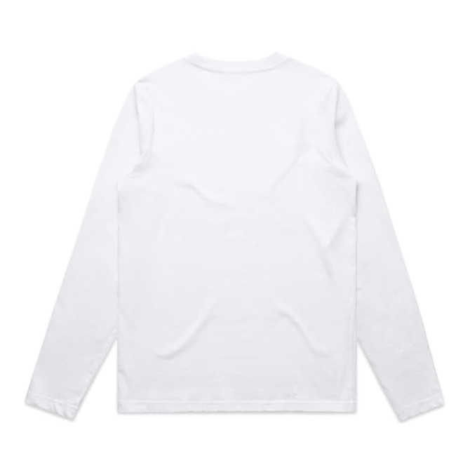 A long-sleeved white T-shirt displayed from the back, featuring a plain design and a small logo.