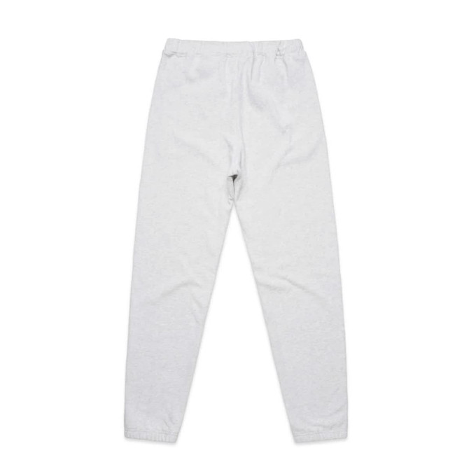 Grey track pants with an elastic waistband and tapered leg design, featuring a small logo.