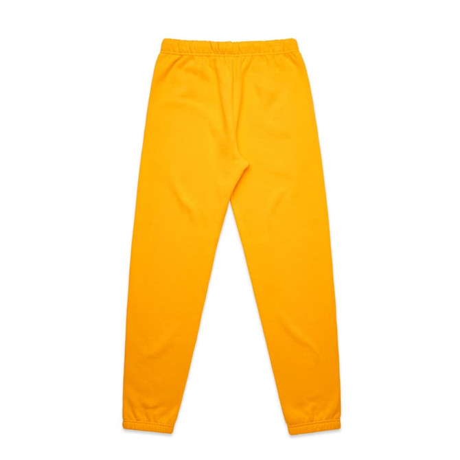 A pair of bright yellow track pants with an elasticised waistband and cuffs at the ankles.
