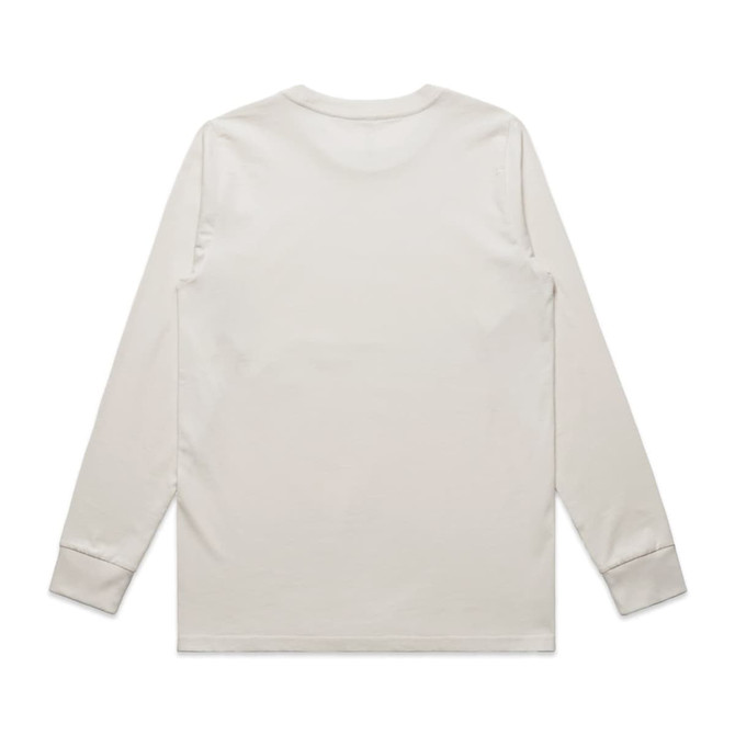 A long-sleeve beige t-shirt featuring a plain back and cuffed sleeves, with a logo present.