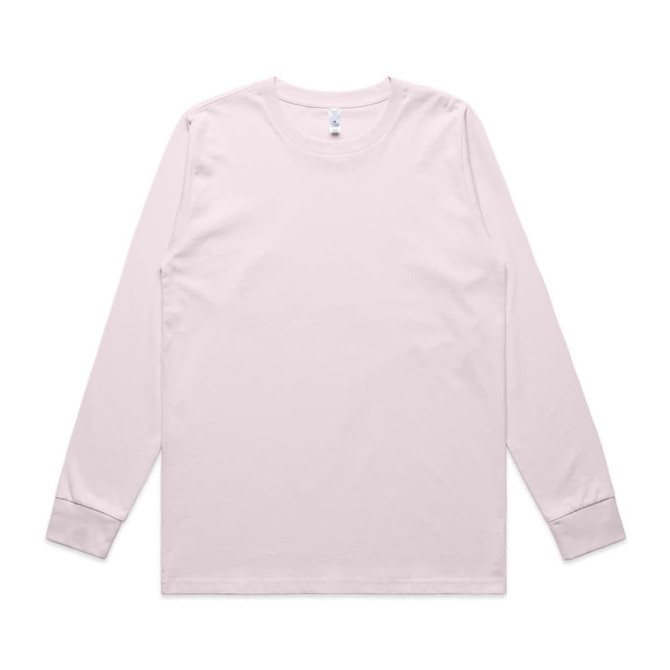 A pale pink long-sleeve t-shirt with a round neck and a logo on the label.