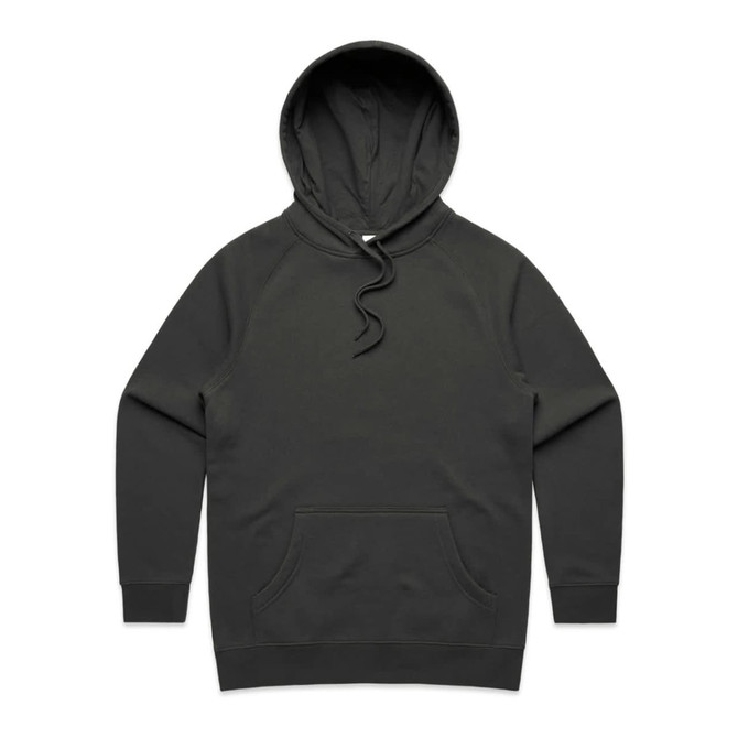 A dark grey hoodie with a front pocket and drawstring hood. It features a logo on the design.