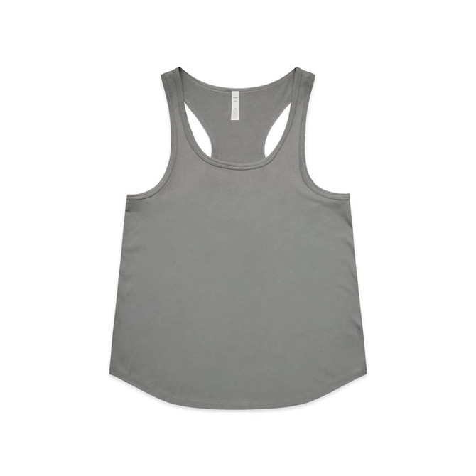 A grey racerback singlet with a smooth fabric and a logo on the side.