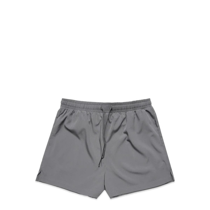 Active shorts in a solid grey colour with an elastic waistband and drawstring, featuring a logo on the front.