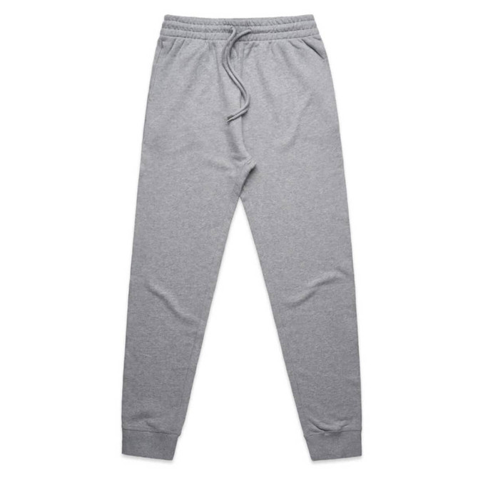 Premium track pants in a light grey colour, featuring an elastic waistband and a drawstring, with a sleek design.
