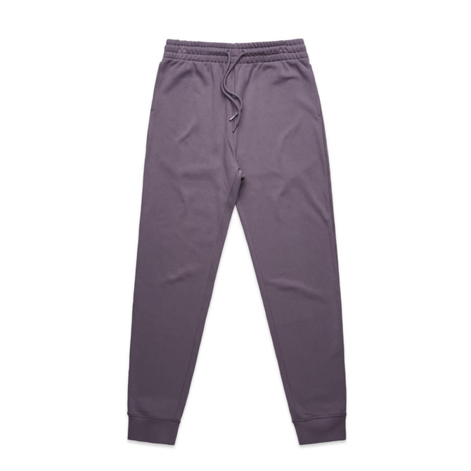 A pair of premium track pants in a soft purple colour, featuring an elastic waistband and a logo.