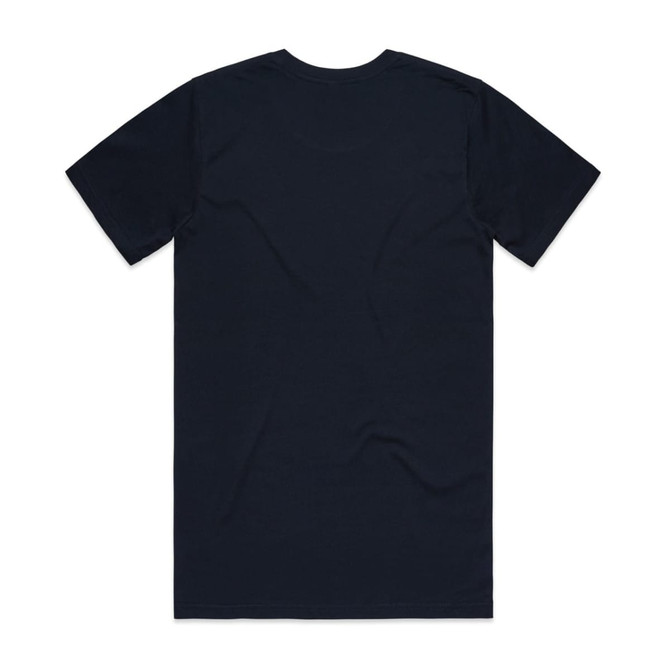 A navy blue organic t-shirt with a plain back and short sleeves, featuring a logo on the neck.