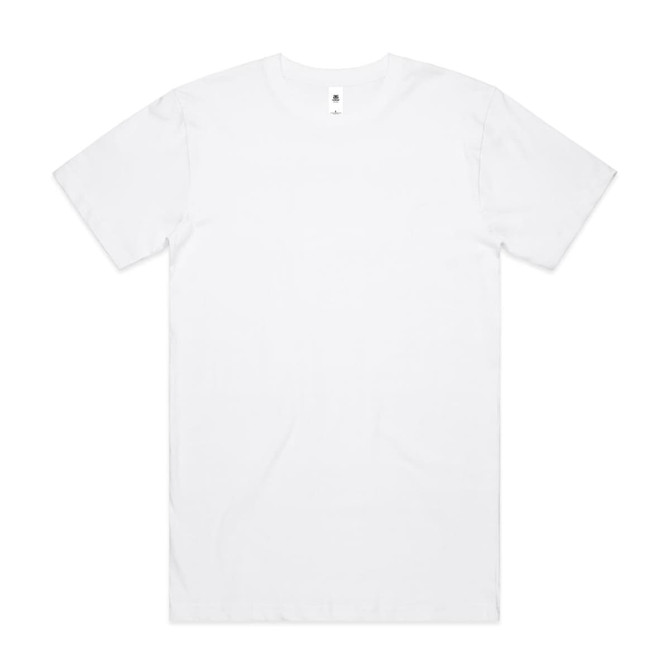 A white t-shirt featuring a plain design and a small logo on the label at the neckline.