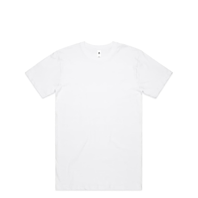 A plain white t-shirt featuring a logo, displayed on a neutral background.