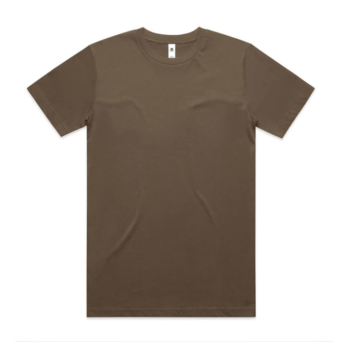 A brown block tubular tee with a classic crew neck design and short sleeves. Features a branding label.