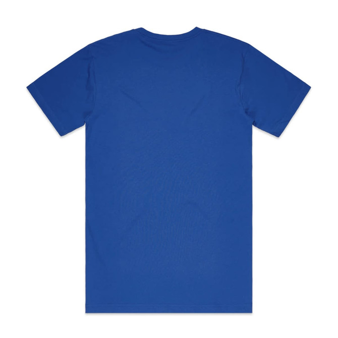 A blue Block Tubular Tee, featuring short sleeves and a plain back design, with a logo displayed.