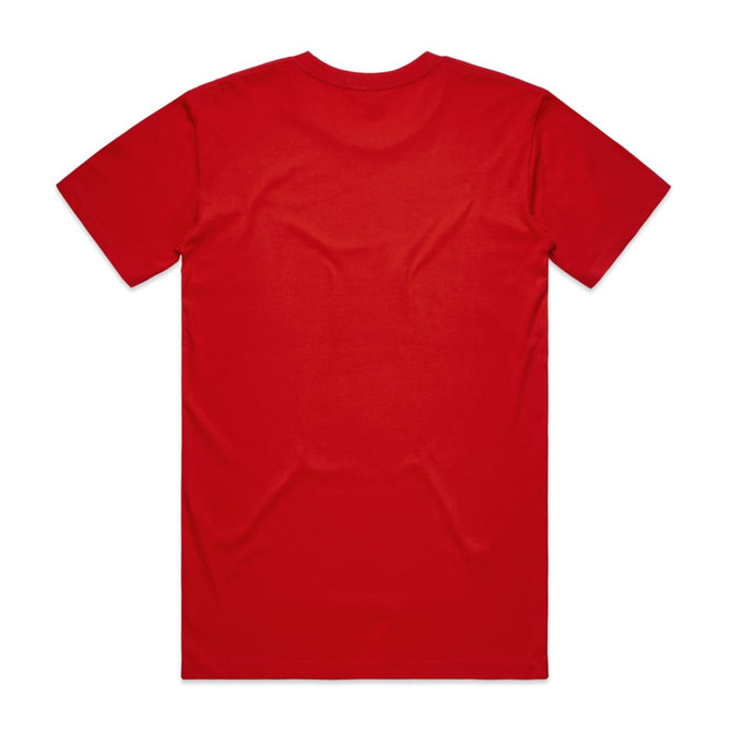 A red T-shirt with a plain back, featuring a logo at the neckline.