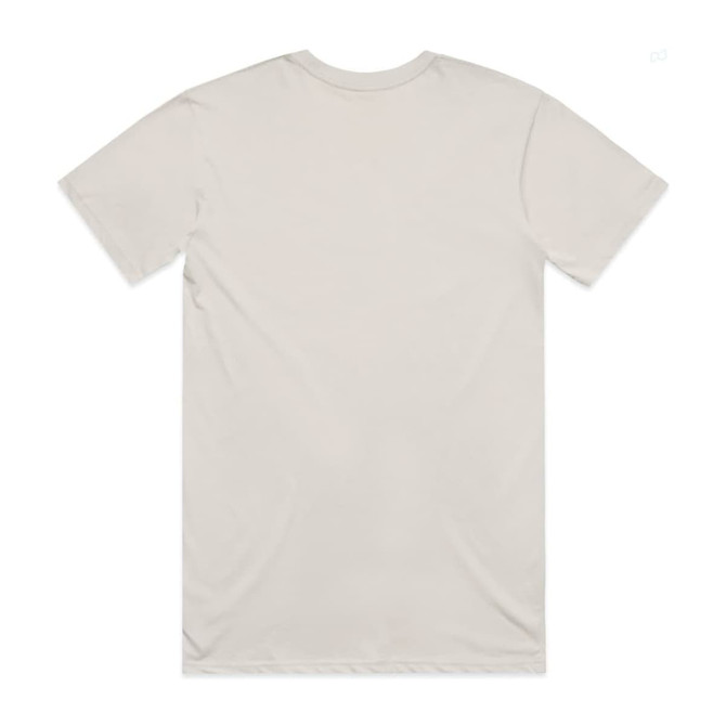 A plain beige t-shirt with a crew neck and short sleeves, featuring a logo on the back.