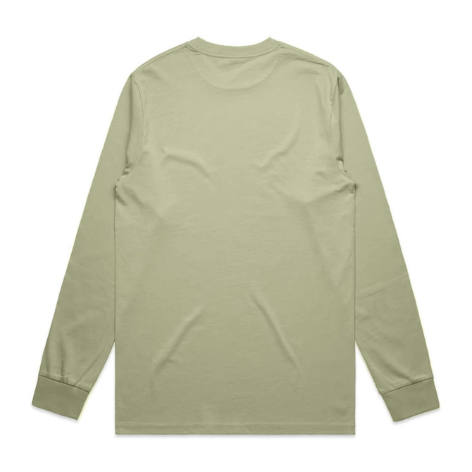 A long-sleeve tee in a muted green colour, featuring a simple design and a logo on the back.