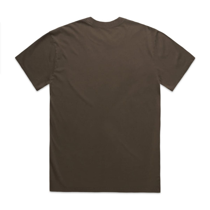 A plain brown heavy faded t-shirt displayed flat on a white background, featuring a simple design and a logo.