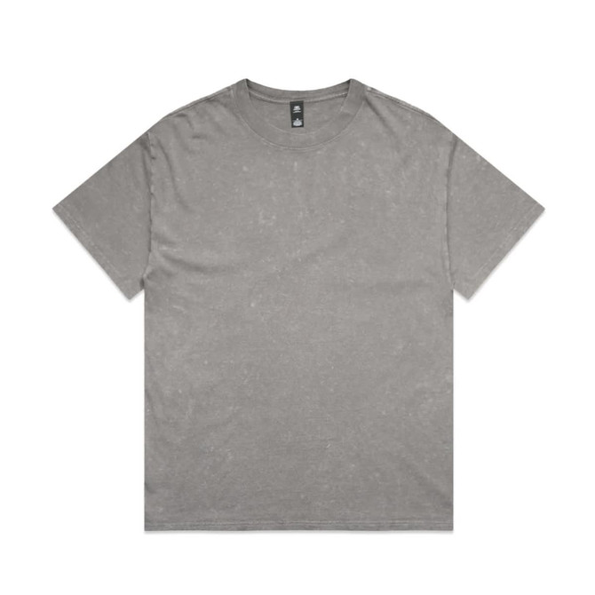 A grey Stone Wash Heavy Tee featuring a relaxed fit and a branding label on the neck area.