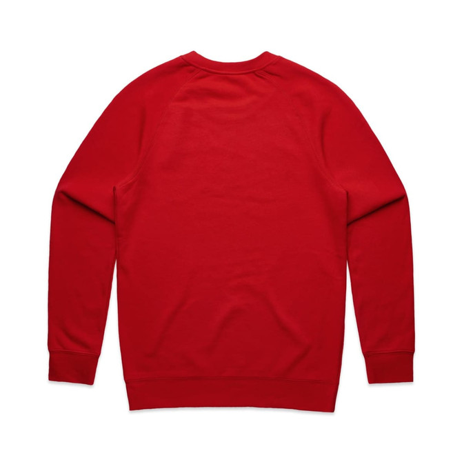 A red jumper with long sleeves and a round neckline, featuring a plain back and a logo.