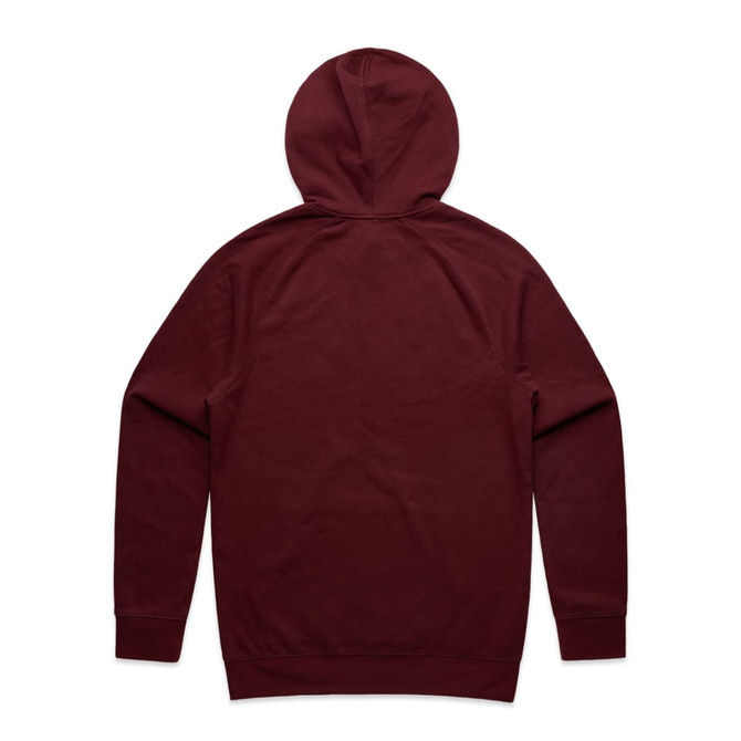 A maroon hoodie featuring a spacious hood and long sleeves, with a logo present on the garment.