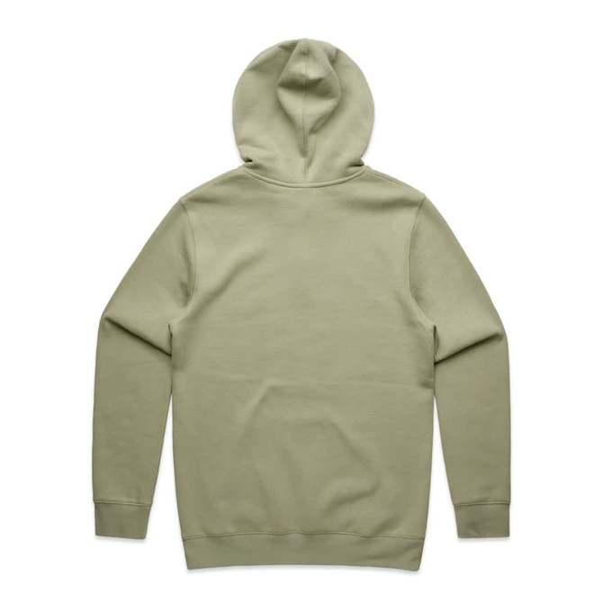 A green hoodie viewed from the back, featuring a fitted hood and long sleeves. The design includes a logo.