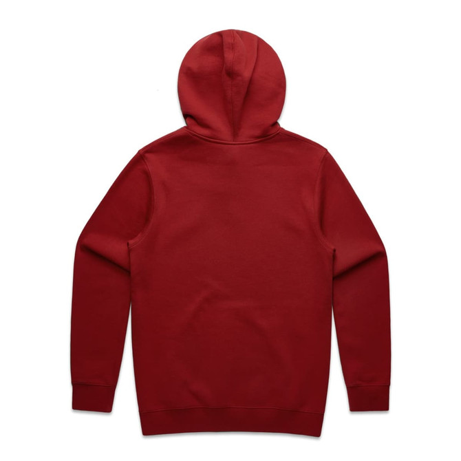 A red hoodie with a hood and long sleeves, featuring a plain back design and a logo.