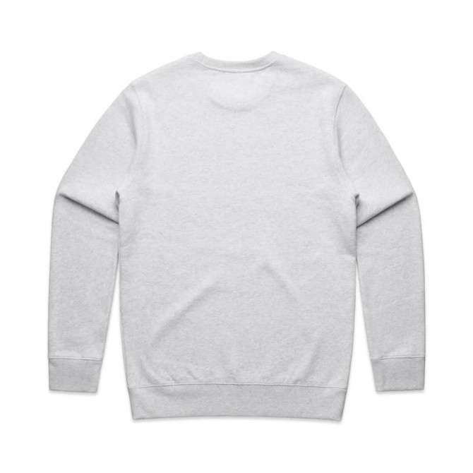 A grey sweater with long sleeves and a crew neck, featuring a logo on the back.