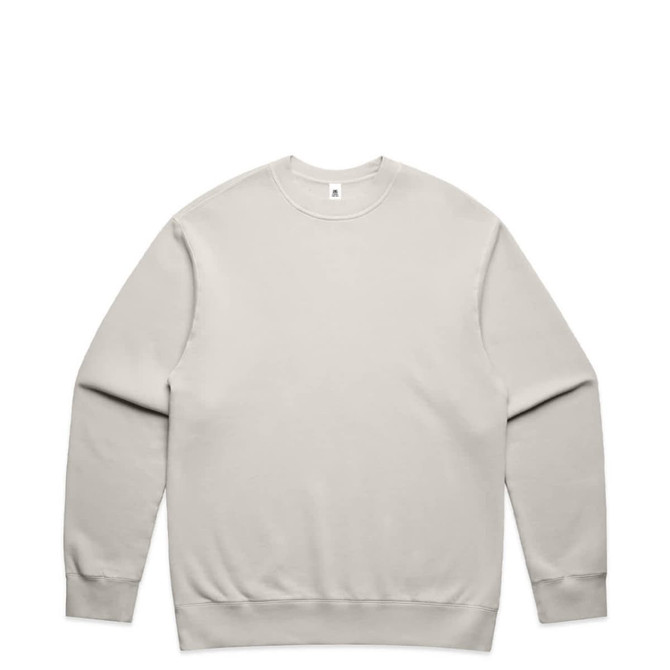 A light grey crew neck jumper with long sleeves. It features a simple design and a logo on the front.