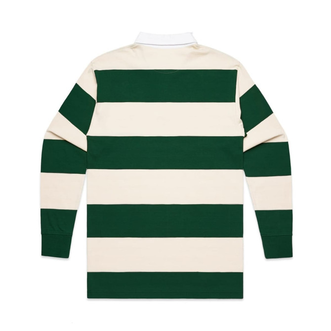 A rugby stripe polo shirt featuring alternating green and cream stripes, with long sleeves and a white collar.