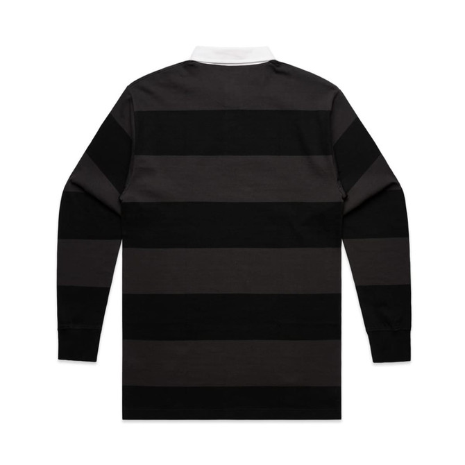 A rugby stripe polo shirt featuring thick black and grey horizontal stripes and a white collar. It has a logo on the chest.