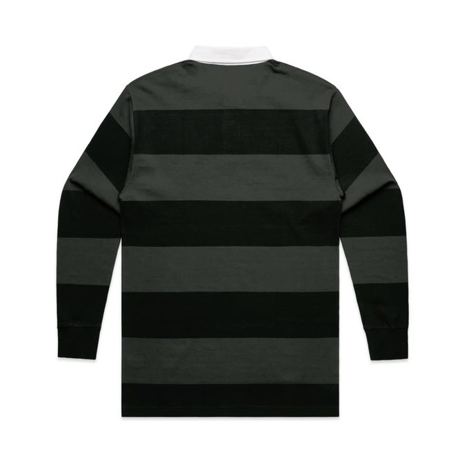 A rugby stripe polo shirt featuring black and dark grey horizontal stripes with a white collar. The back view is displayed.
