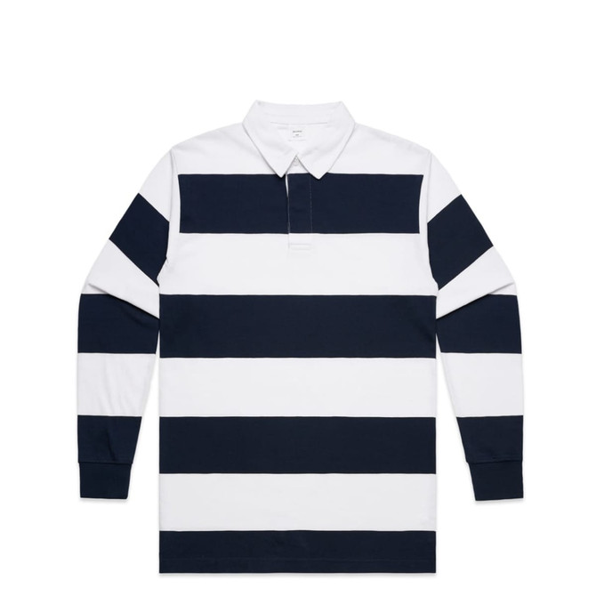 A polo shirt featuring navy blue and white rugby stripes, with long sleeves and a collar. It has a logo on the chest.