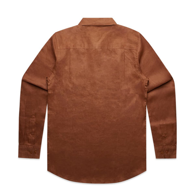A brown linen button-up shirt with long sleeves and a back view. Features a small branding logo.