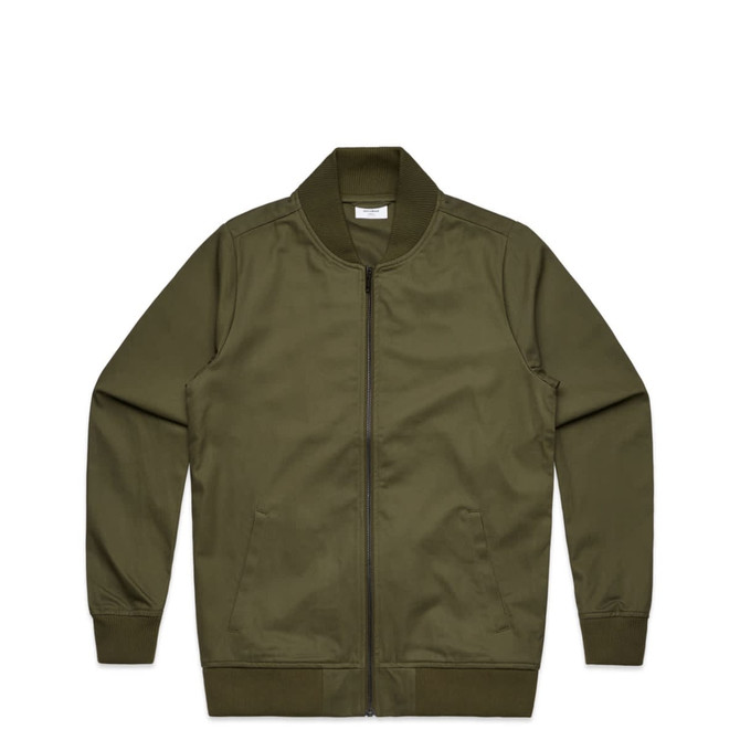An olive green bomber jacket with a zip front and collar. The jacket has long sleeves and a simple design.