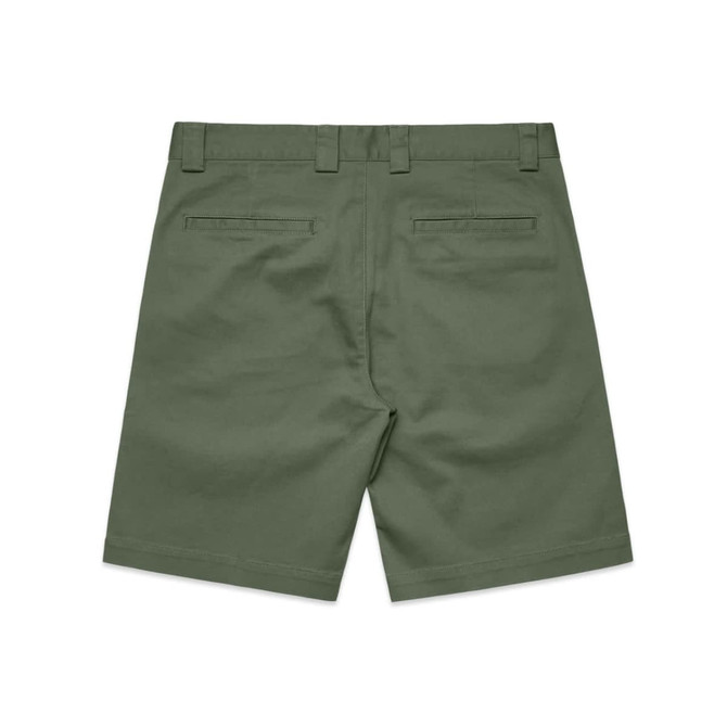 Olive green work shorts featuring a back pocket and a waistband with belt loops. Includes a logo on the waistband.