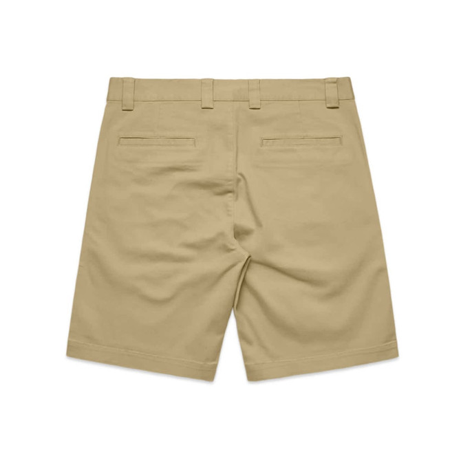 Khaki uniform shorts featuring a mid-length design and two back pockets. The item includes a brand logo.
