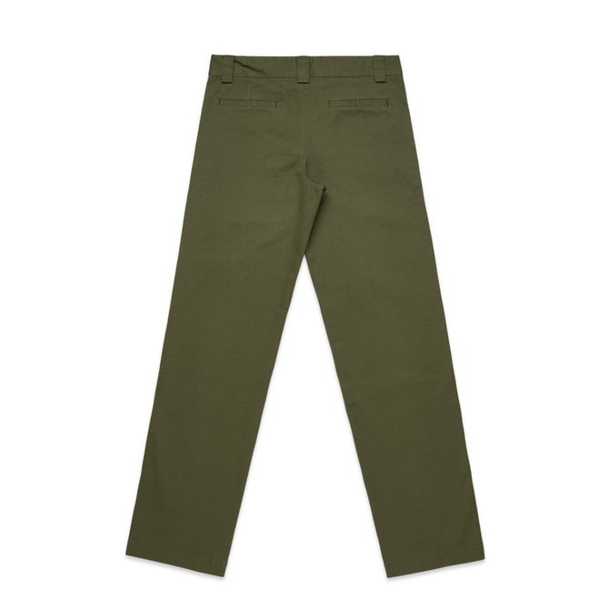 Olive green regular pants, featuring a straight leg design and two back pockets. Includes a logo on the waistband.