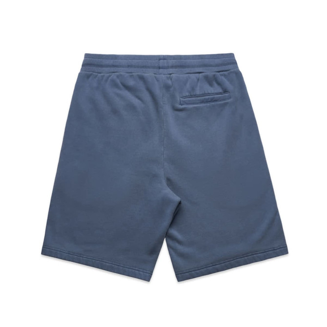 Faded blue sports shorts with an elastic waistband and a back pocket. Features a logo.