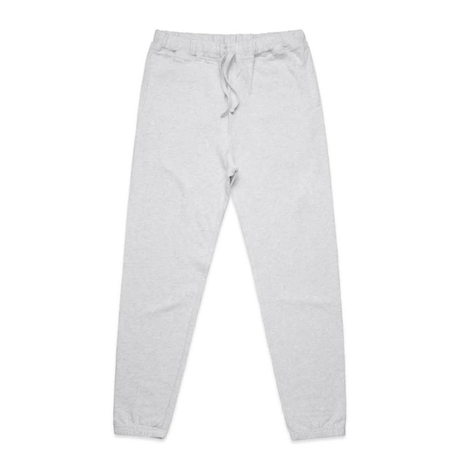Grey track pants featuring an elastic waistband and cuffs, with a drawstring and a small logo.
