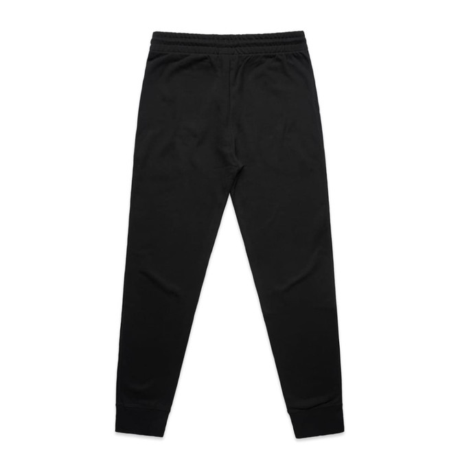 A pair of black premium track pants with an elastic waistband and cuffed ankles. The product features a logo.