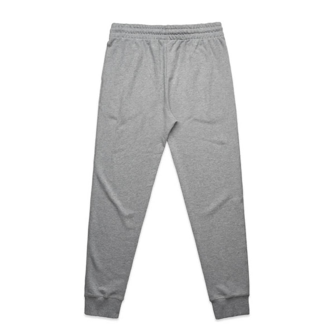 Grey premium track pants featuring an elastic waistband and fitted cuffs. Includes a logo detail.