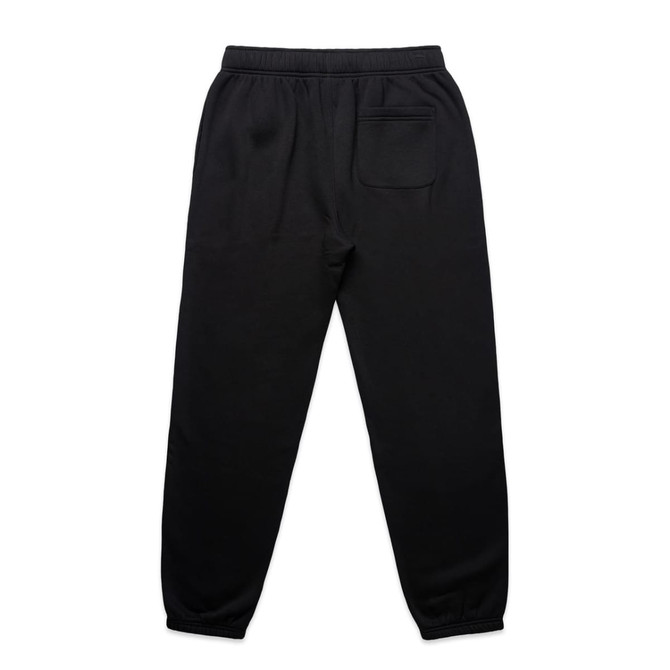 Black track pants featuring an elastic waistband and a single back pocket. The design is simple and functional.