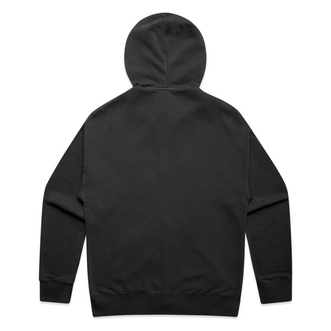 A black hoodie featuring a hood and long sleeves, with a plain back design and a small logo.