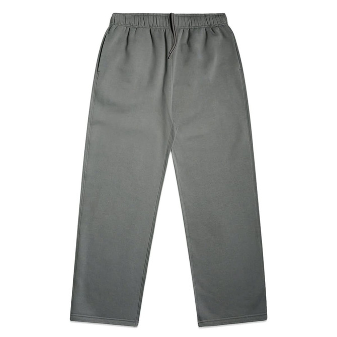 Cuffless track pants in a muted grey colour, featuring an elastic waistband and one pocket. Includes a logo.