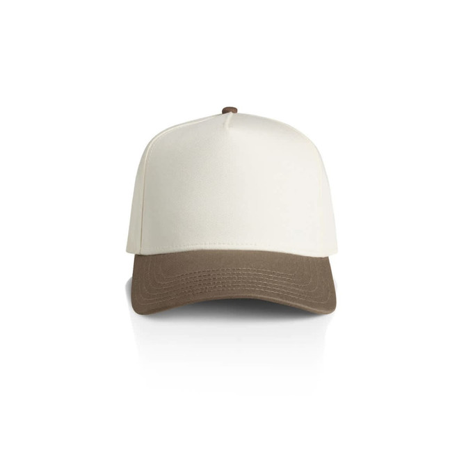 A two-tone cap featuring a cream crown and a brown peak. The cap has a logo on the front.