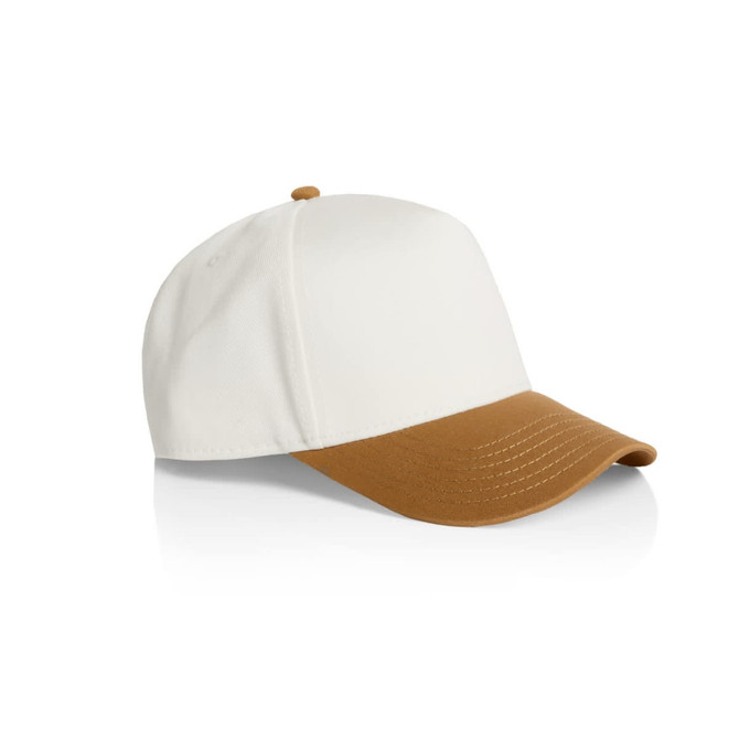 A two-tone cap featuring a white crown and a brown peak, with a logo on the side.