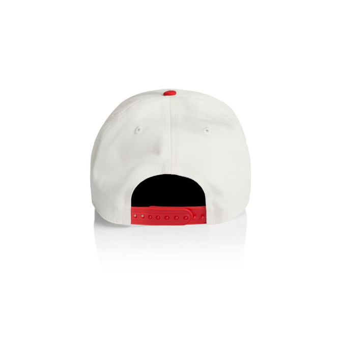 A white cap with a red button and adjustable strap at the back, featuring a logo.
