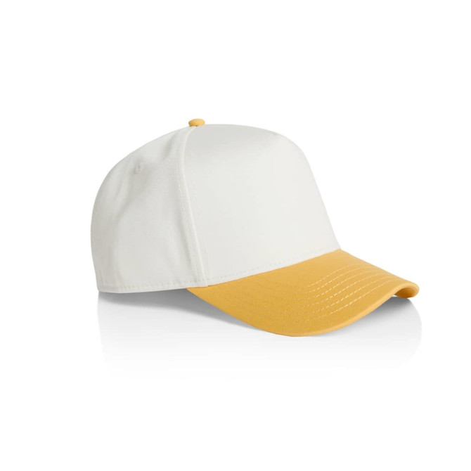A two-tone cap featuring a white crown and a yellow brim. It has a logo on the side.