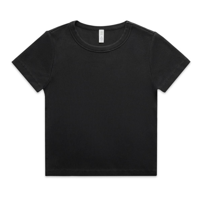A black organic ribbed t-shirt with a round neckline and short sleeves. The shirt features a logo.