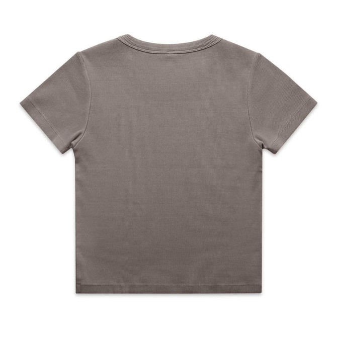 A grey organic ribbed t-shirt featuring a simple, minimalist design and a logo on the back.