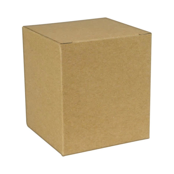 A plain brown cardboard box, featuring a square shape with flaps on top for closure.