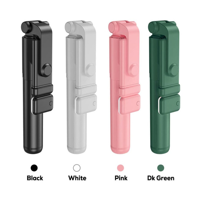 A collection of four LED selfie stands in black, white, pink, and dark green, each with a compact design and logo.
